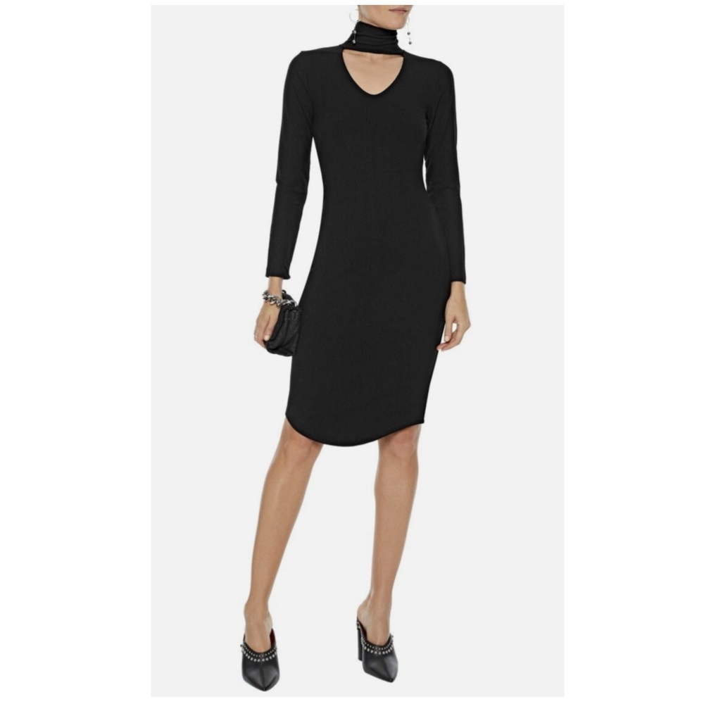 NWT LNA Ribbed Choker Neck Turtleneck Long Sleeve Knee-Length Black Dress Small
